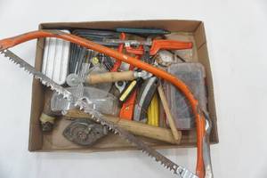 lot 245 image: Bow Saw, Utility Knives, Hand Tools, Drill Bits, Zip Ties and more