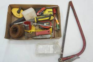 lot 246 image: Bow Saw, Sheetrock Knife, Tape measure, Stud Finder, safety glasses and more