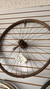 lot 40 image: 28 Steel Clad Wooden Bicycle Wheel
