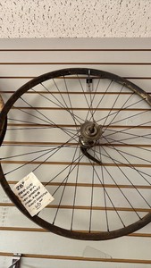 lot 43 image: 28 Steel Clad Bicycle Wheel with Wooden Rim and Model A Hub