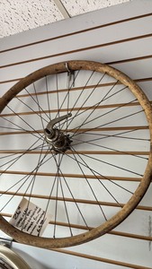 lot 44 image: Vintage 26 Steel Clad Wood Rim Bicycle Wheel with New Departure Model C Hub