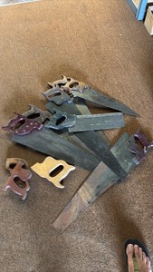 lot 117 image: Collection of Vintage Hand Saws with Wood Handles