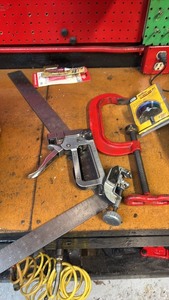 lot 242 image: Assorted Tools - Hole Saw, C-Clamp, Square, Pipe Cutter