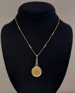 Antique 14k Gold Pendant Photo Locket Necklace with Blue Stone