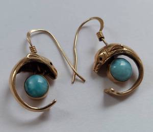 lot 23 image: 14K Gold Larimar Stone Dolphin Design Earrings