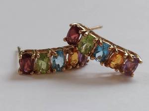 lot 30 image: 14k Gold Multicolored Gemstone Earrings including Garnet, Peridot, Blue Topaz, Citrine & Amethyst