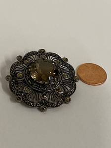 lot 38S image: Vintage Sterling Silver Brooch with Smoky Gemstone