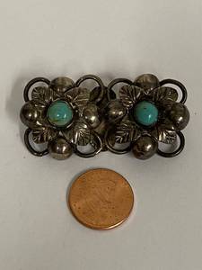 lot 41S image: Taxco Vintage Sterling Silver Floral Turquoise Brooch