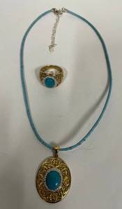 lot 71S image: Elegant Sterling Silver Turquoise Necklace & Ring Set