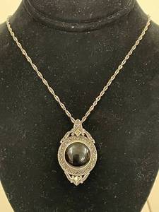 lot 73S image: Sterling Silver Reversible Pendant on Chain - Marcasite, MOP & Onyx