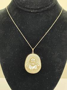 lot 76S image: Sterling Silver Necklace with Carved Buddha Mother of Pearl Pendant