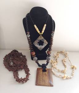 lot 139 image: Bohemian Necklace Lot Wood Shell Bead Handcrafted