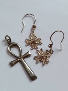 lot 182 image: Elegant Sterling Filigree Floral Earrings & Ankh Pendant Set