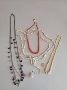 lot 211 image: Longest is 5 Handcrafted Beaded Necklace Collection Amethyst, Carved Bone, Pearl