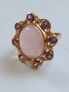 lot 51 image: 10K Gold Ring with Rose quartz & Amethyst Gemstones
