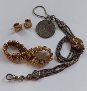 lot 114 image: Vintage Jewelry Lot Fob, Bracelet, 1883 Cufflinks