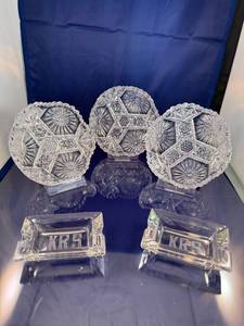 lot 2 image: Set of 3 Cut Glass Crystal Condiment Bowls and 2 Engraved Crystal Ashtrays