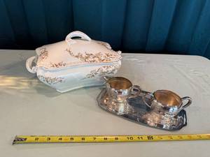 lot 36 image: Antique Covered Vegetable Dish and Silver Sugar & Creamer Set