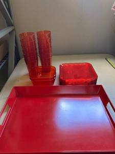 lot 108 image: Collection of Red Acrylic Serveware Including Tray, Cups, and Bowls