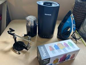 lot 112 image: Homech Humidifier, Sunbeam Iron, Tovolo Ice Pop Molds, Electric Grinder, and Helping Hands Tool Set