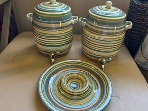 lot 120 image: Ceramic Beverage Dispenser Set with Spouts and Serving Platter