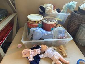 lot 181 image: Collection of Vintage Toys including Playskool Bricks, Dolls, and Fisher Price Clock