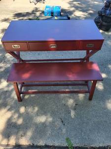 lot 14 image: Used Red Writing Desk with Bench and Drawers