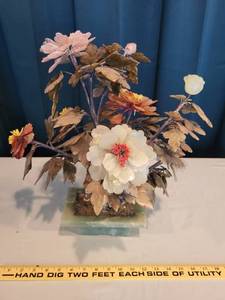 lot 17 image: Floral Bonsai Sculpture with Semi-Precious Stone Flowers On Jade Base