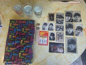 Beatles Memorabilia Collection - Photos, Cards, Glasses, and Fabric