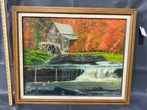 lot 2E image: Vintage K. Crosby Oil Painting Autumn Mill Landscape
