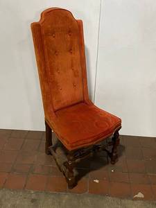 lot 21E image: Vintage Wooden High Back Chair with Orange Velvet Upholstery