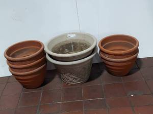 lot 77E image: Set of 7 Large Terracotta and Resin Planters Outdoor Garden Decor