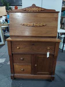 lot 106E image: Vintage Wooden Secretary Desk with Drawers and Cabinet