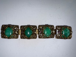 lot 23J image: Vintage Ornate Brass Bracelet with Green Art Glass Stones