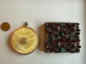 lot 28J image: Lot of 2 Vintage Compacts - Jeweled Square and Mother of Pearl Round Designs