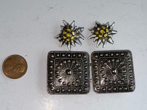 lot 31J image: Vintage Metal Edelweiss Clip-On Earrings and Ornate Belt Buckle Set