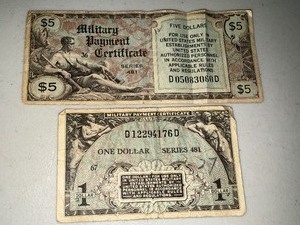 lot 41J image: 2 Vintage Military Payment Certificates $1 and $5 Series 481 and 692