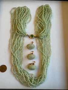 lot 11J image: Vintage Green Beaded Multi-Strand Necklace and Clip-On Earrings Set