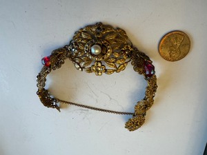 lot 12J image: Antique Filigree Brass Bracelet with Faux Pearl and Glass Accents