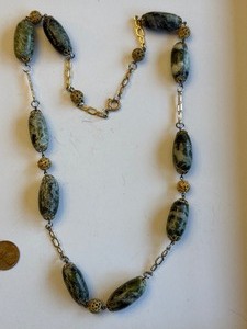 lot 15J image: Vintage Beaded Necklace with Green Marbleized Stones and Filigree Accents