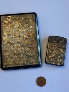 lot 17J image: Engraved 950 Sterling Silver Cigarette Case and Lighter Set