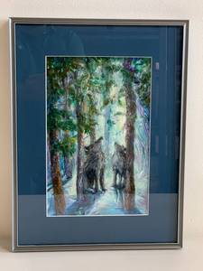 lot 8N image: North Shore Anna Hess Framed Wolf Art Painting in Forest Scene