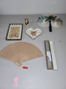 lot 74 image: Collection of Vintage Hand Fans, Heart Trinket Tray, Framed Botanical Art, and Figurine