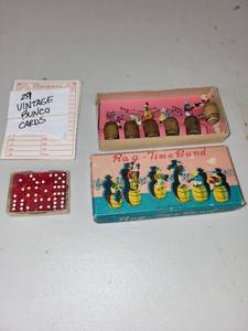 lot 81 image: Vintage Rag-Time Band Miniature Set, Bunco Score Cards, and Dice