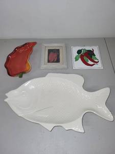 lot 87 image: Assorted Decorative Fish Platter, Pepper Dish, Art Tile, and Framed Artwork