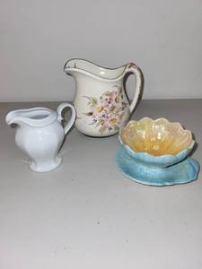 lot 26 image: Vintage Porcelain Creamer and Floral Pottery Set - Mitteleich Bavaria, Hand-Painted Pitcher, Royal Winton Dish