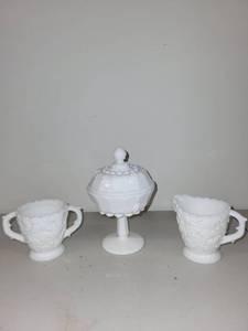 lot 28 image: Vintage Milk Glass Grape Harvest Creamer, Sugar Bowl, and Lidded Compote Set
