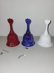 lot 30 image: Set of 3 Fenton Glass Commemorative Bells Red Blue and White