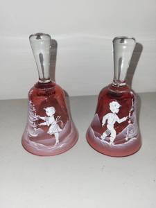 lot 38 image: Set of 2 Mary Gregory Style Crystal Hand-Painted Christmas Bells 1973 & 1974