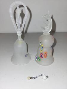lot 41 image: Pair of Frosted Glass Decorative Bells with Millefiori Accents and Removable Chain